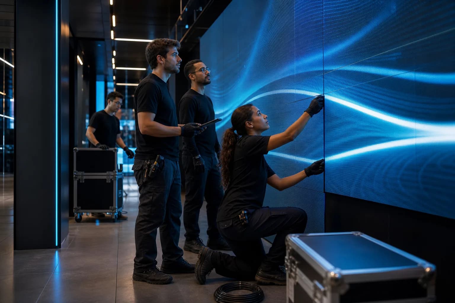 Equipo tecnico profesional calibrando una pantalla LED
